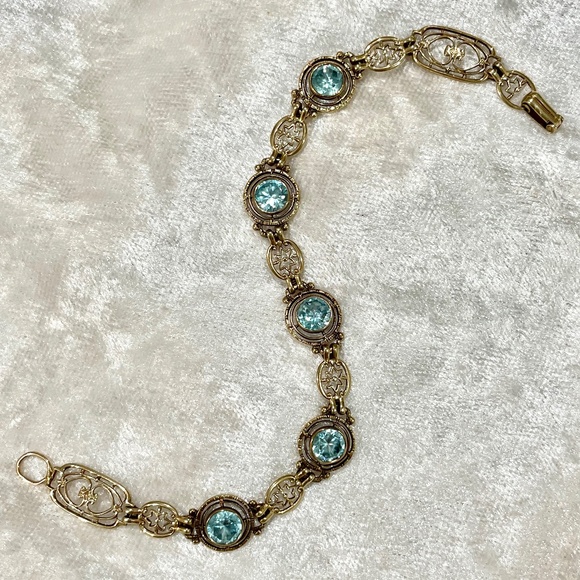 Vintage Art Deco 10K Solid Gold Natural Blue Zircon 5cts Fancy Link Bracelet - Picture 10 of 13